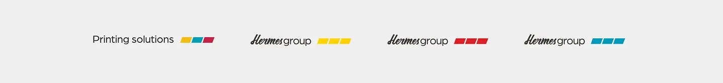 Różne warianty kolorystyczne logotypu oraz hasła Printing solutions marki Hermes Group uszeregowane w poziomie.