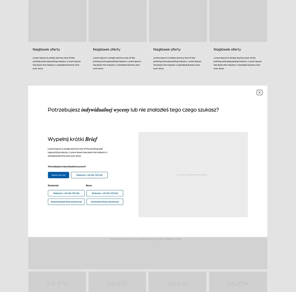 Projekt okna pop-up z formularzem kontaktowym oraz sekcjami oferty przygotowany dla serwisu Hermes Group.