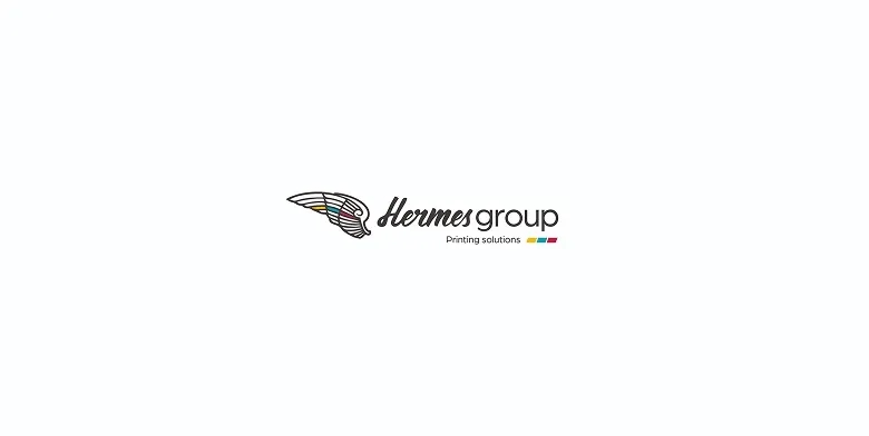 Czarno-kolorowe logo firmy Hermes Group z motywem skrzydła umieszczone na czystym, białym tle.